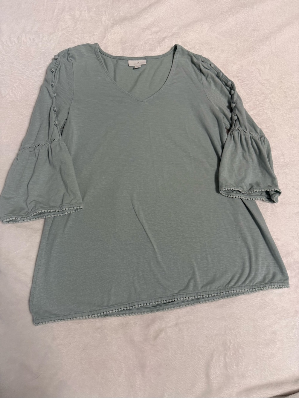 J. Jill Sage Green V-Neck Bell Sleeve Top with Lace Trim